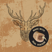 Made with real venison dog chew label on pouch with deer illustration
