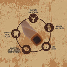 Venison dog chew pouch with icons: no wheat, corn-free, long lasting