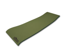 Green foam sleeping pad folded flat with textured ridges