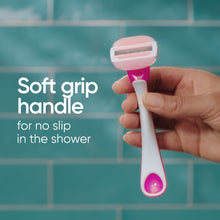 Pink and white 3-blade disposable razor with soft-grip handle