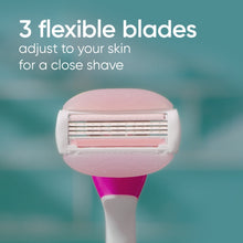 3-blade razor cartridge on a pink and white disposable handle