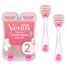 Disposable women's 3-blade razor pack of two with pink and white handles