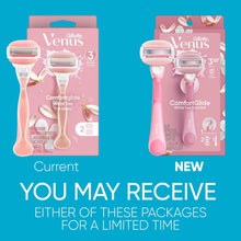 Pink Venus ComfortGlide razor shown on product packaging with blade cartridge