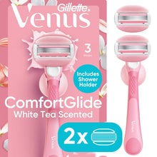 Pink Venus ComfortGlide manual razor with 3 blades and white blade cartridge top view