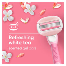 Pink Venus ComfortGlide razor with blade cartridge and scented gel bar pairing graphic