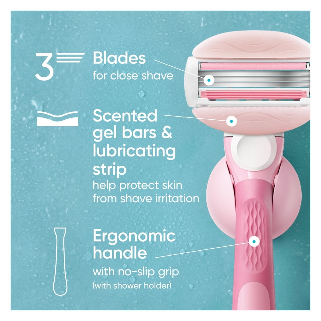 Venus ComfortGlide White Tea Manual Razor for Women, Handle, 3 Blades & 2 Refills, Pink