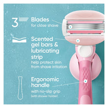Pink and white Venus ComfortGlide razor with 3-blade cartridge and white lather strip