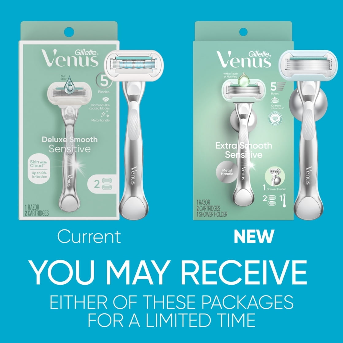 Venus Deluxe Smooth Sensitive Razor for Women, 5 blades, Manual Razor, Handle + 2 Razor Blade Refills, Silver