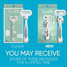 Venus razor package showing Deluxe Smooth Sensitive razor and handle with refills