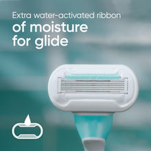 Women’s disposable razor head with water-activated moisture ribbon, blue handle