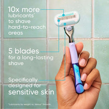 Manual razor with 5 blades held in hand, light lavender handle, close view of head