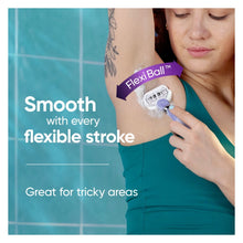 Women shaving with manual purple razor, flexing head for smooth strokes