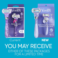 Purple women’s manual razor starter kit retail box with handle and refills