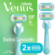 Manual razor set box with 5-blade cartridge, aqua handle, and shower holder