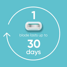5-blade razor cartridge with protective guard, aqua stripe, shown close-up