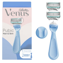 Gillette Venus razor kit box with blue handle and cartridge refills, purple accents.