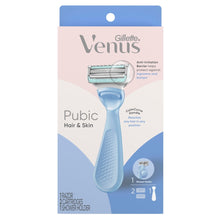 Gillette Venus razor kit box front with blue handle and razor cartridge blades.