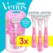 Gillette Venus Smooth Sensitive 3-blade disposable razor set, 3 count, pink blister pack