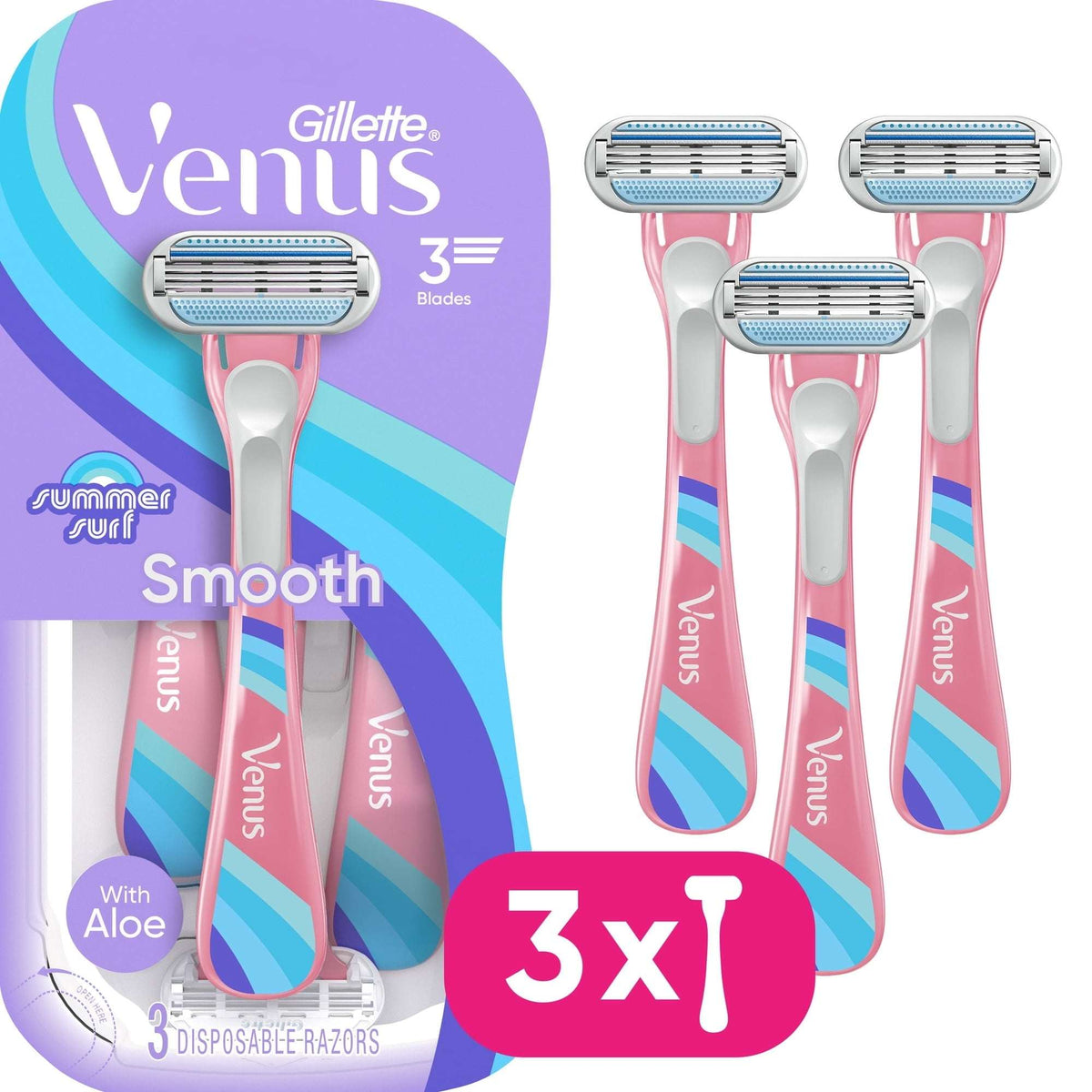 Venus Summer Surf Smooth Maquinillas de Afeitar Desechables, 3 Unidades