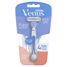 Gillette Venus Pubic Hair & Skin disposable razor pack, anti-slip handle, 4 count.