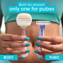 Two Venus razors with spare cartridges held in hands over bikini underwear.