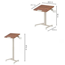 Versalift adjustable mobile desk shown with tabletop and base dimensions