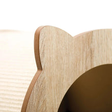 Wooden cat scratching house side panel and rounded cat-ear top edge