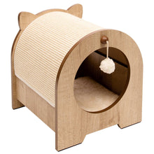 Cat scratching house with round entrance tunnel and hanging pom-pom toy, wood frame
