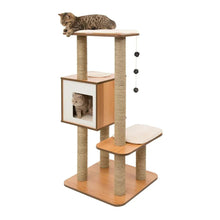 Cat tree with walnut base, three platforms, beige posts, and square enclosed scratching house