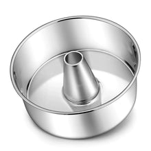 Stainless steel angel food cake pan with center tube, open top view