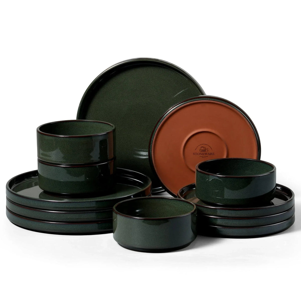 Vesteel 12-Piece Dinnerware Set, Ceramic Tableware Reactive Glaze Plates and Bowls Sets, Healthy Yixing Purple Clay Dishes Set, Dishwasher & Microwave Safe - Blackish Green