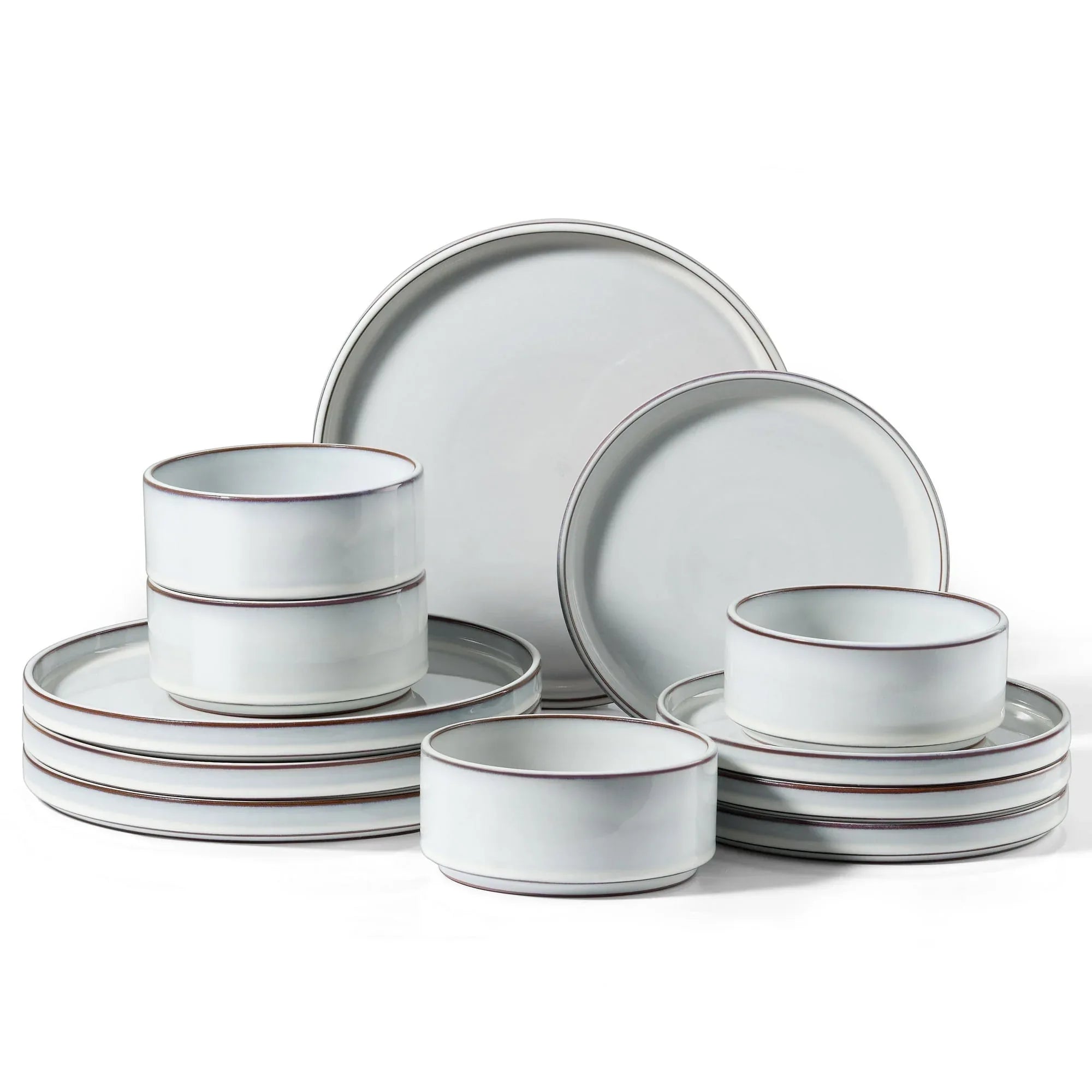 Vesteel 12-Piece Dinnerware Set, Ceramic Tableware Reactive Glaze Plates and Bowls Sets, Healthy Yixing Purple Clay Dishes Set, Dishwasher & Microwave Safe - Blackish Green