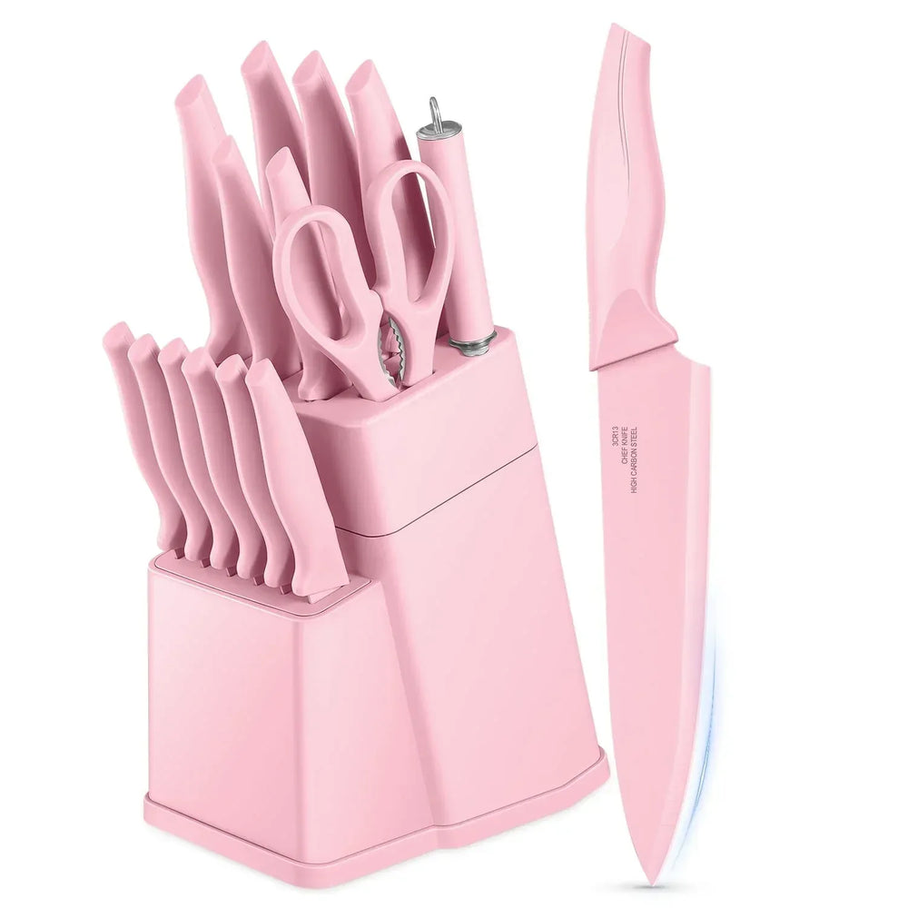 Vesteel Knife Set for Kitchen with Block, 15 Pcs High Carbon Stainless Steel Kitchen Knife Set with Self Sharpening - USA MEGA SHOP