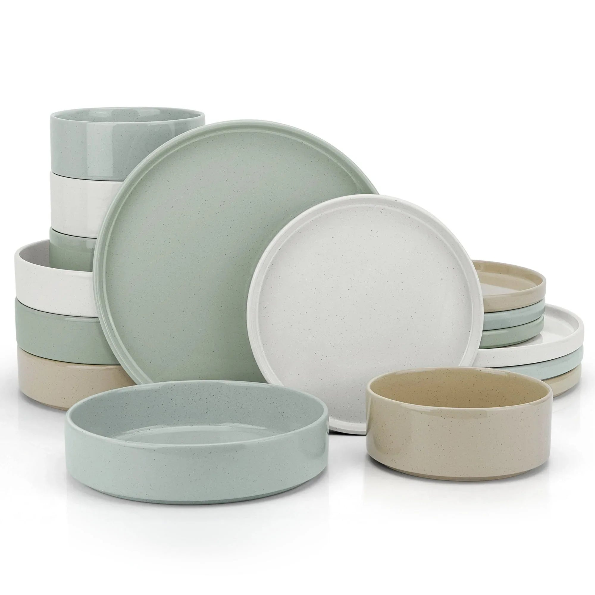 Vesteel 12-Piece Dinnerware Set, Ceramic Tableware Reactive Glaze Plates and Bowls Sets, Healthy Yixing Purple Clay Dishes Set, Dishwasher & Microwave Safe - Blackish Green