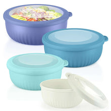 Plastic nesting mixing bowls with lids in blue, teal, mint, and white colors