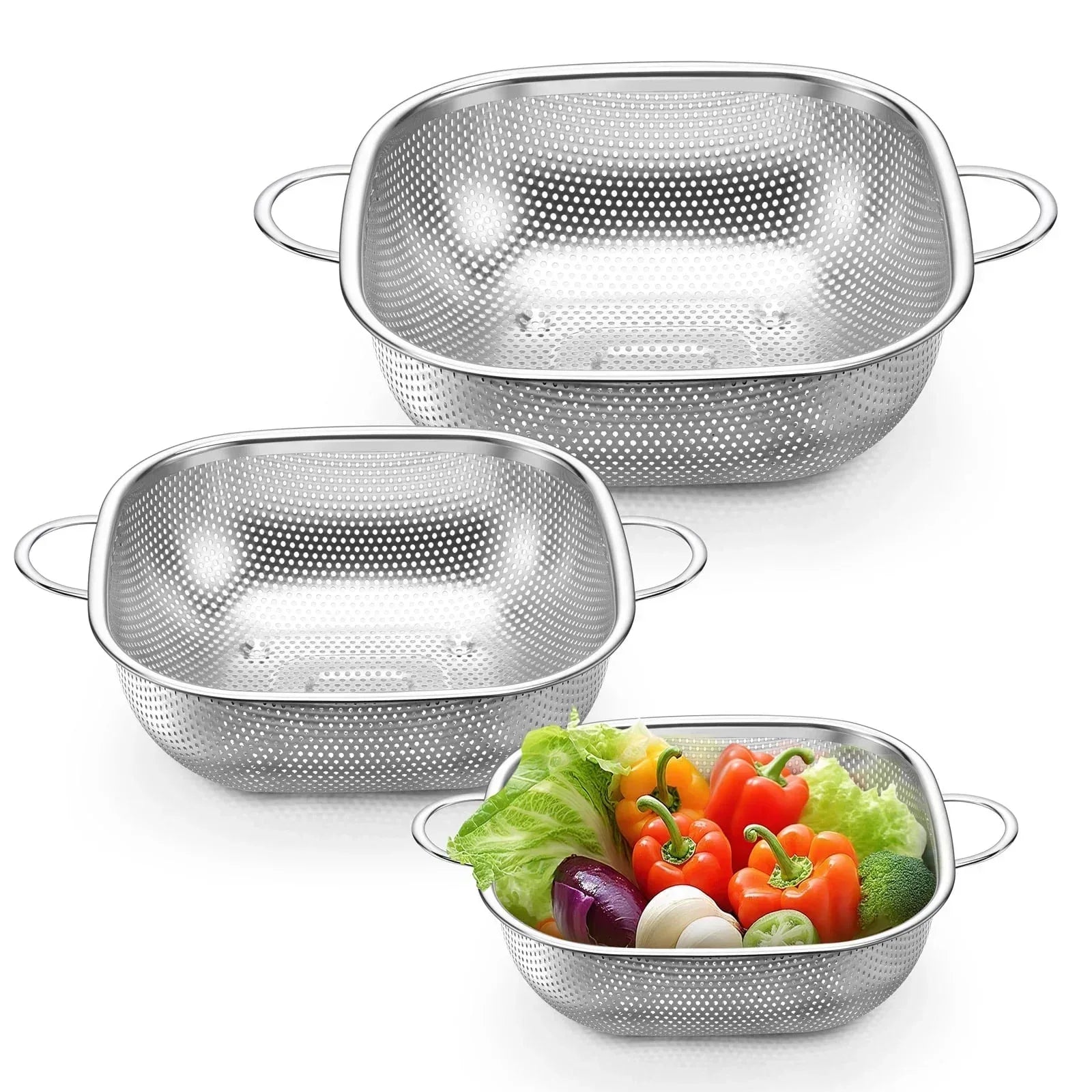 VeSteel Colander Set of 3, Stainless Steel Micro-Perforated Colanders Strainers for Draining Rinsing Washing, Ideal for Pasta Vegetables Fruits, Heavy Duty & Dishwasher Safe - USA MEGA SHOP