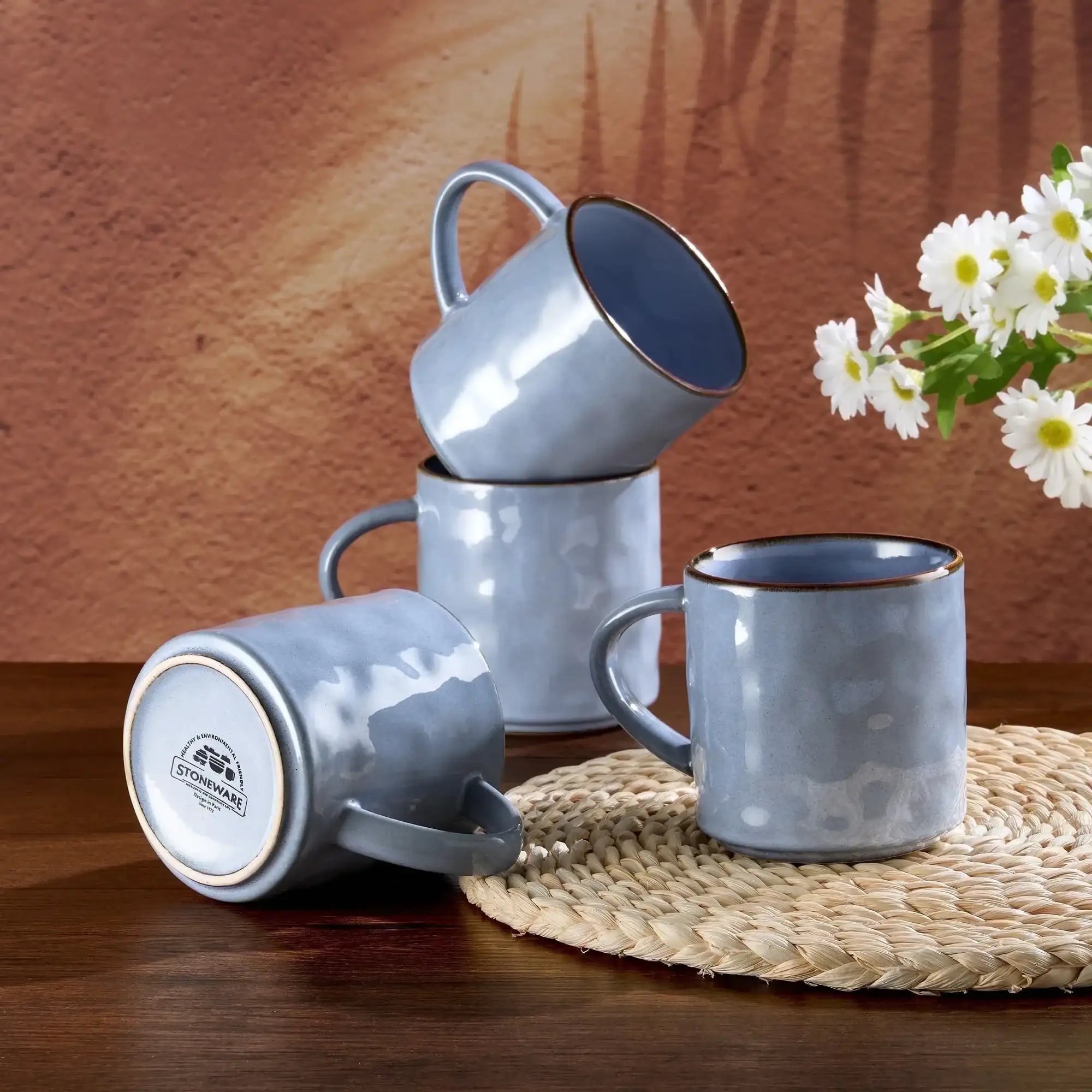 Vesteel Coffee Mug Set of 4, Ceramic Coffee Cups with Handles, 14oz Stoneware Mugs Set for Coffee Tea Milk, Wave Design Mug Gifts for Home Office Restaurant