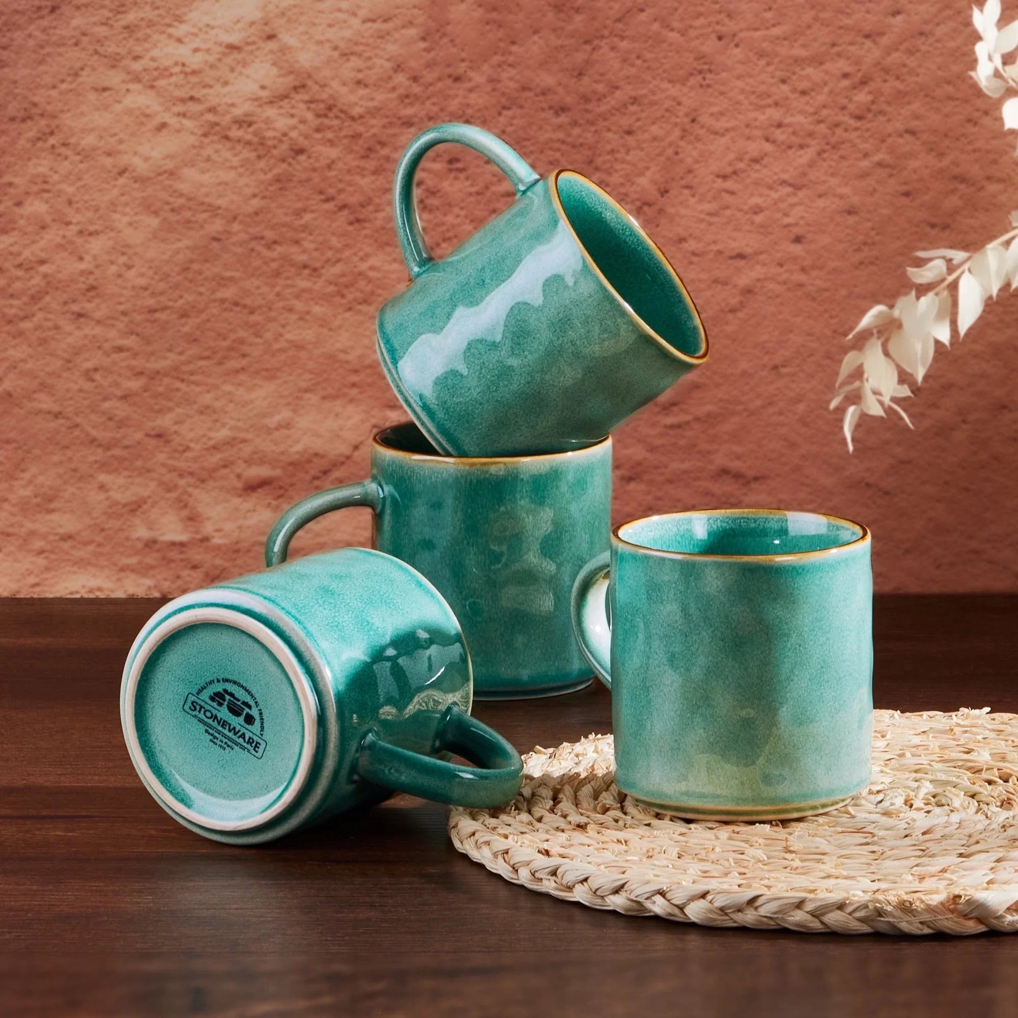 Vesteel Coffee Mug Set of 4, Ceramic Coffee Cups with Handles, 14oz Stoneware Mugs Set for Coffee Tea Milk, Wave Design Mug Gifts for Home Office Restaurant