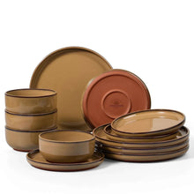 Ceramic dinnerware set with plates and bowls, brown and terracotta tones