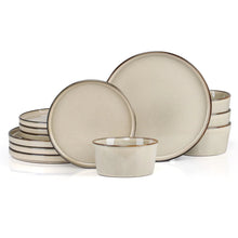 Khaki ceramic dinnerware set with reactive-glaze plates and bowls, 12-piece