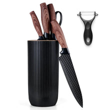 Kitchen knife set with black ribbed block, dark blades, and brown wood-grain handles