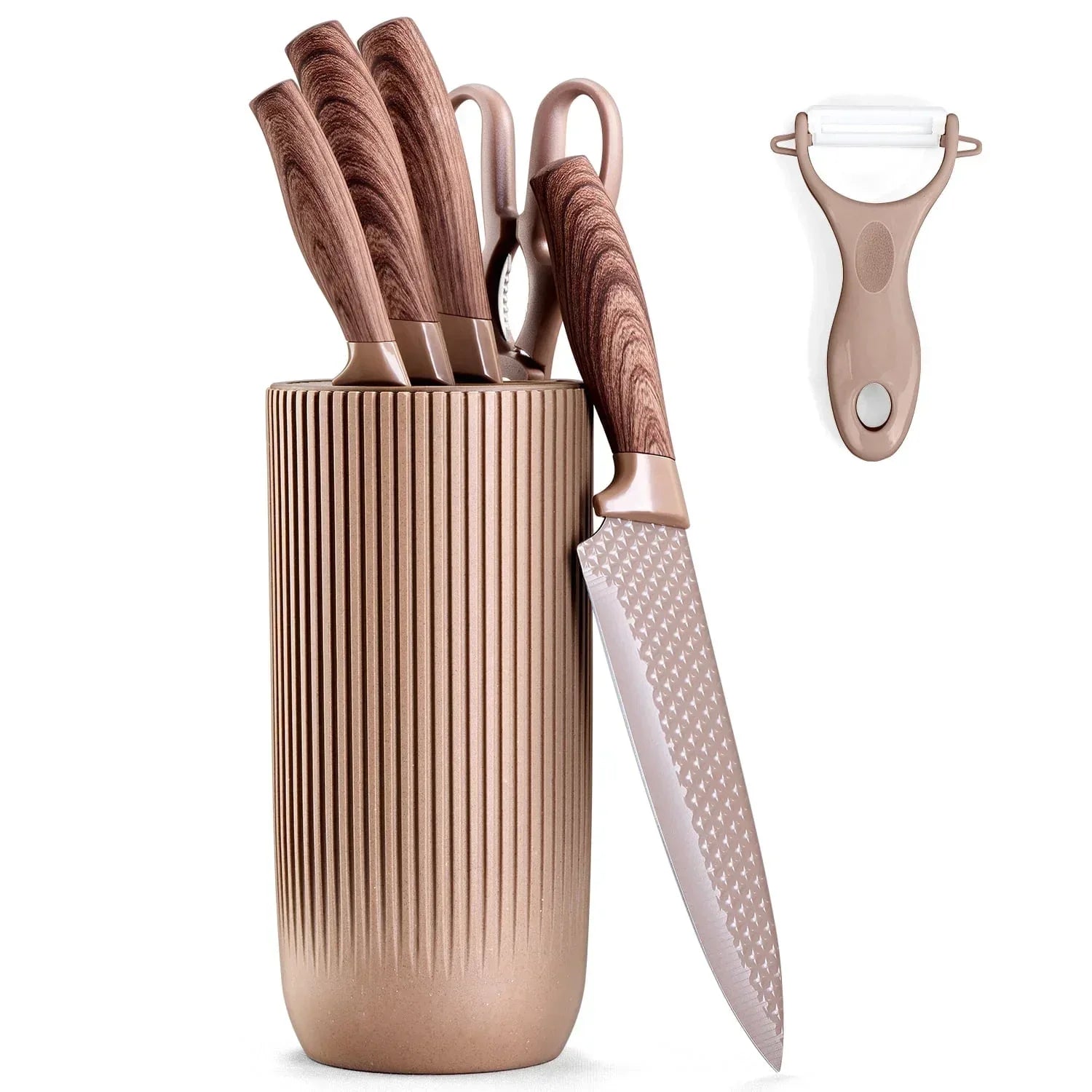 Vesteel Kitchen Knife Set of 7, Professional Stainless Steel Knives Set for Kitchen with Universal Knife Block - Khaki - USA MEGA SHOP