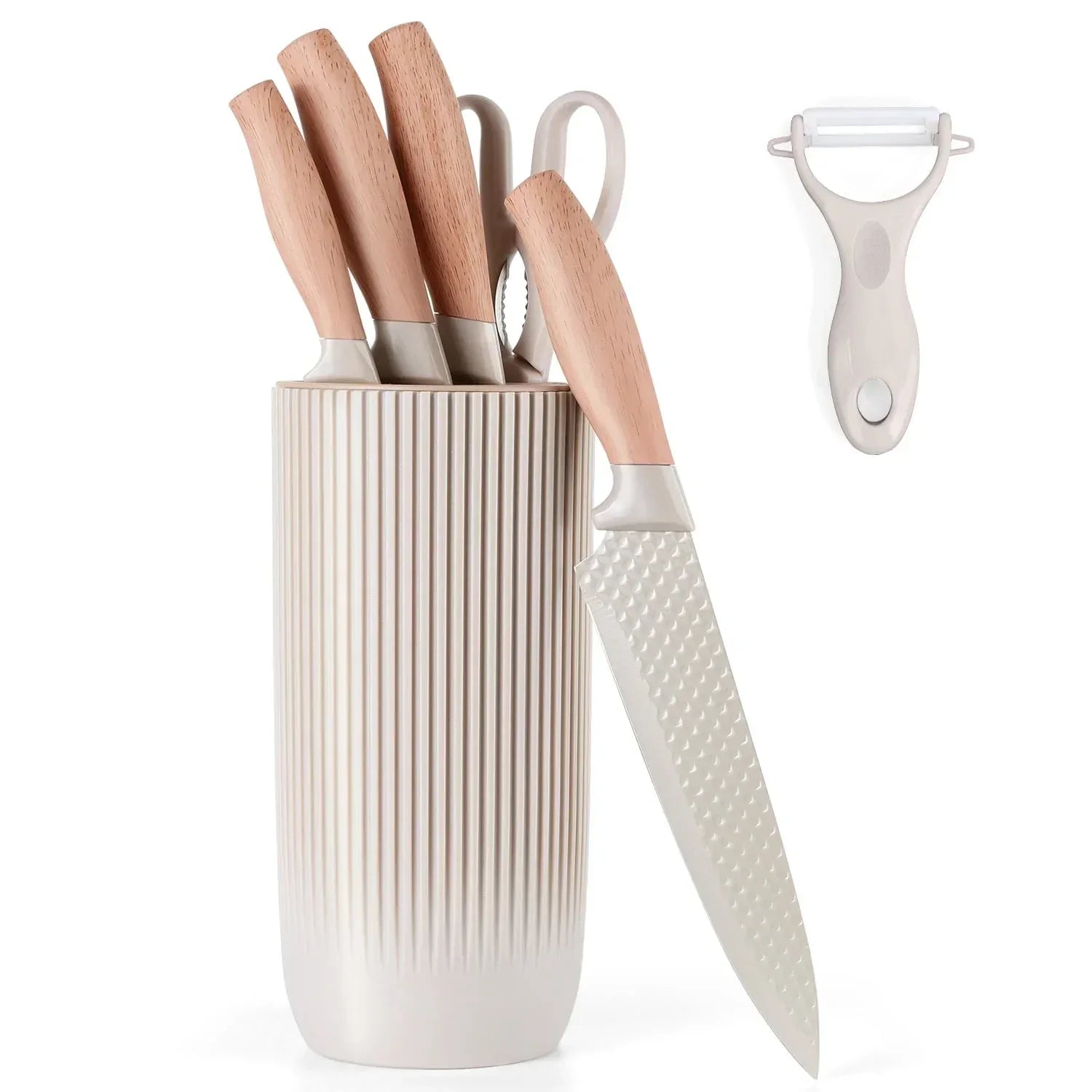 Vesteel Kitchen Knife Set of 7, Professional Stainless Steel Knives Set for Kitchen with Universal Knife Block - Khaki - USA MEGA SHOP