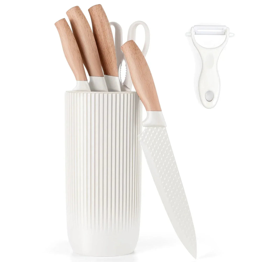 Vesteel Kitchen Knife Set of 7, Professional Stainless Steel Knives Set for Kitchen with Universal Knife Block - Khaki - USA MEGA SHOP