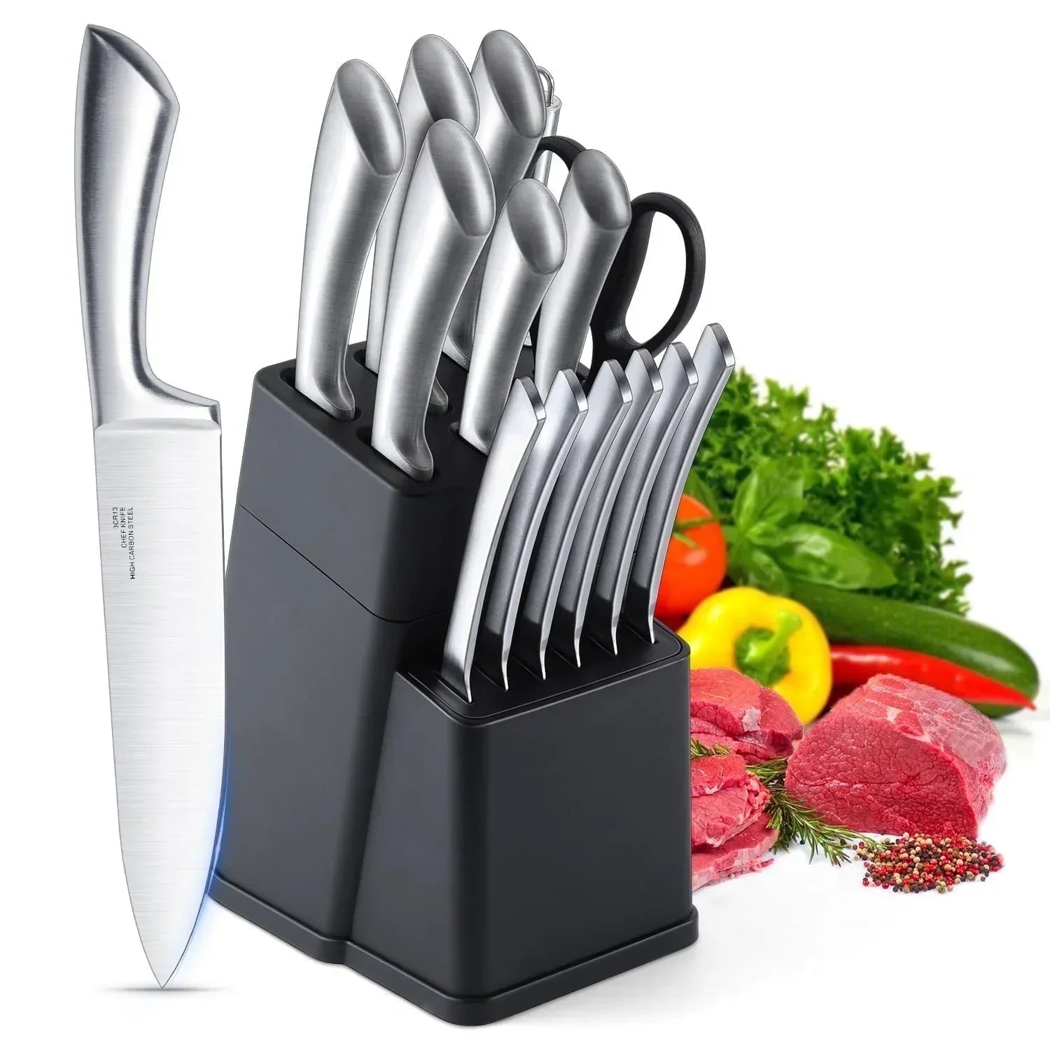 Vesteel Knife Set for Kitchen with Block, 15 Pcs High Carbon Stainless Steel Kitchen Knife Set with Self Sharpening - USA MEGA SHOP