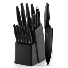 Black knife block with matching black kitchen knives, 15-piece set display