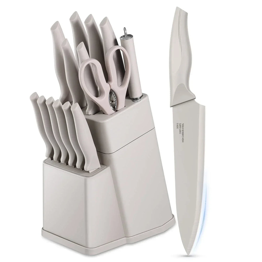 Vesteel Knife Set for Kitchen with Block, 15 Pcs High Carbon Stainless Steel Kitchen Knife Set with Self Sharpening - USA MEGA SHOP