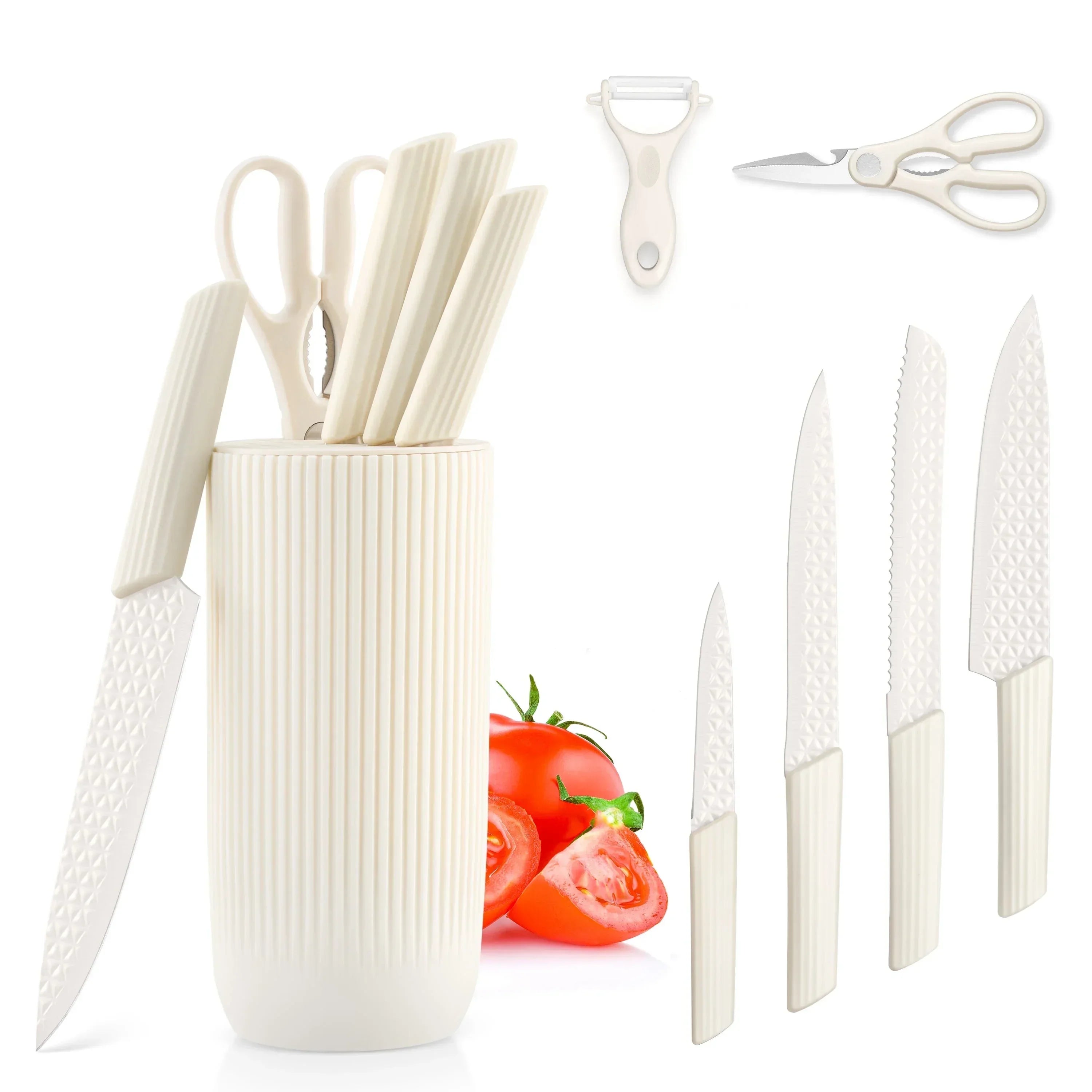 Vesteel Kitchen Knife Set of 7, Professional Stainless Steel Knives Set for Kitchen with Universal Knife Block - Khaki - USA MEGA SHOP
