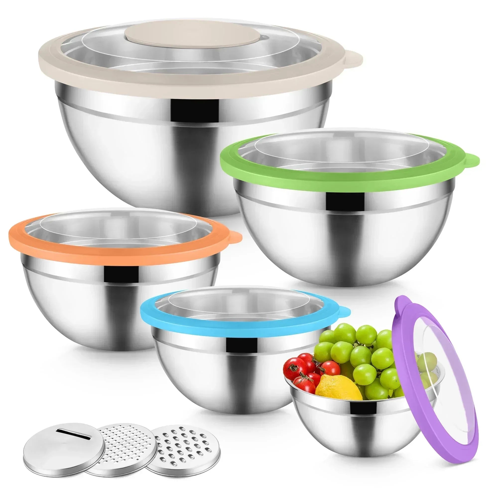 Vesteel Mixing Bowls with Lids Set of 8, Stainless Steel Prep Bowls with Upgraded Airtight Visible Lid, Metal Nesting Bowl Attach with 3 Graters for Kitchen Grating/ Shredding / Mixing - USA MEGA SHOP