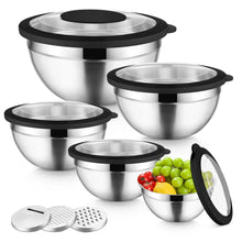 Stainless steel mixing bowls set with airtight lids and nesting bowls, plus grater attachments